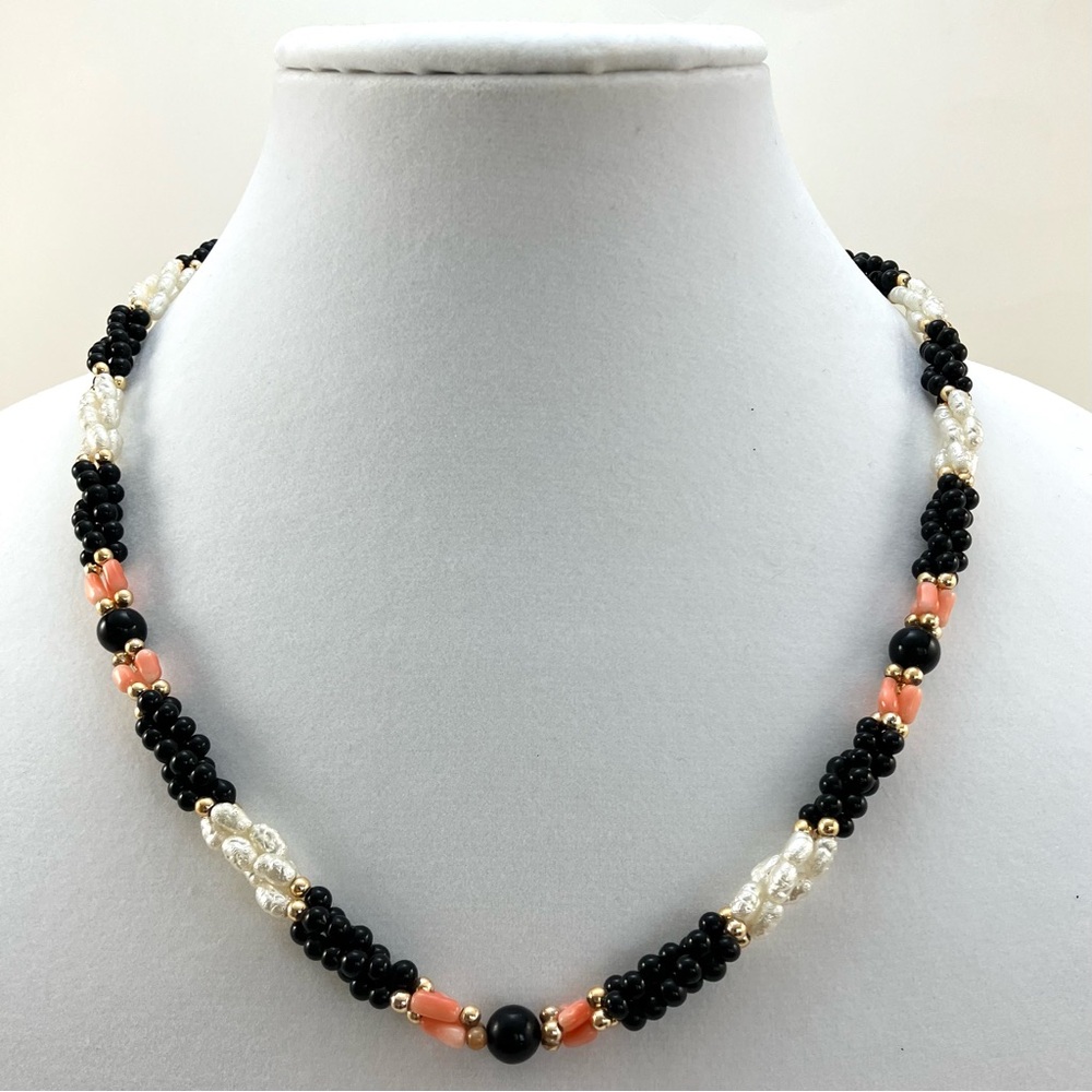 Elegant Pearl Rice, Black, and Coral Beads Twisted Necklace